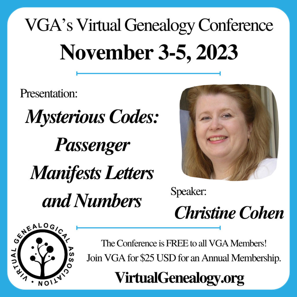 VGA Conference "Mysterious Codes: Passenger Manifests Letters and Numbers" by Christine Cohen